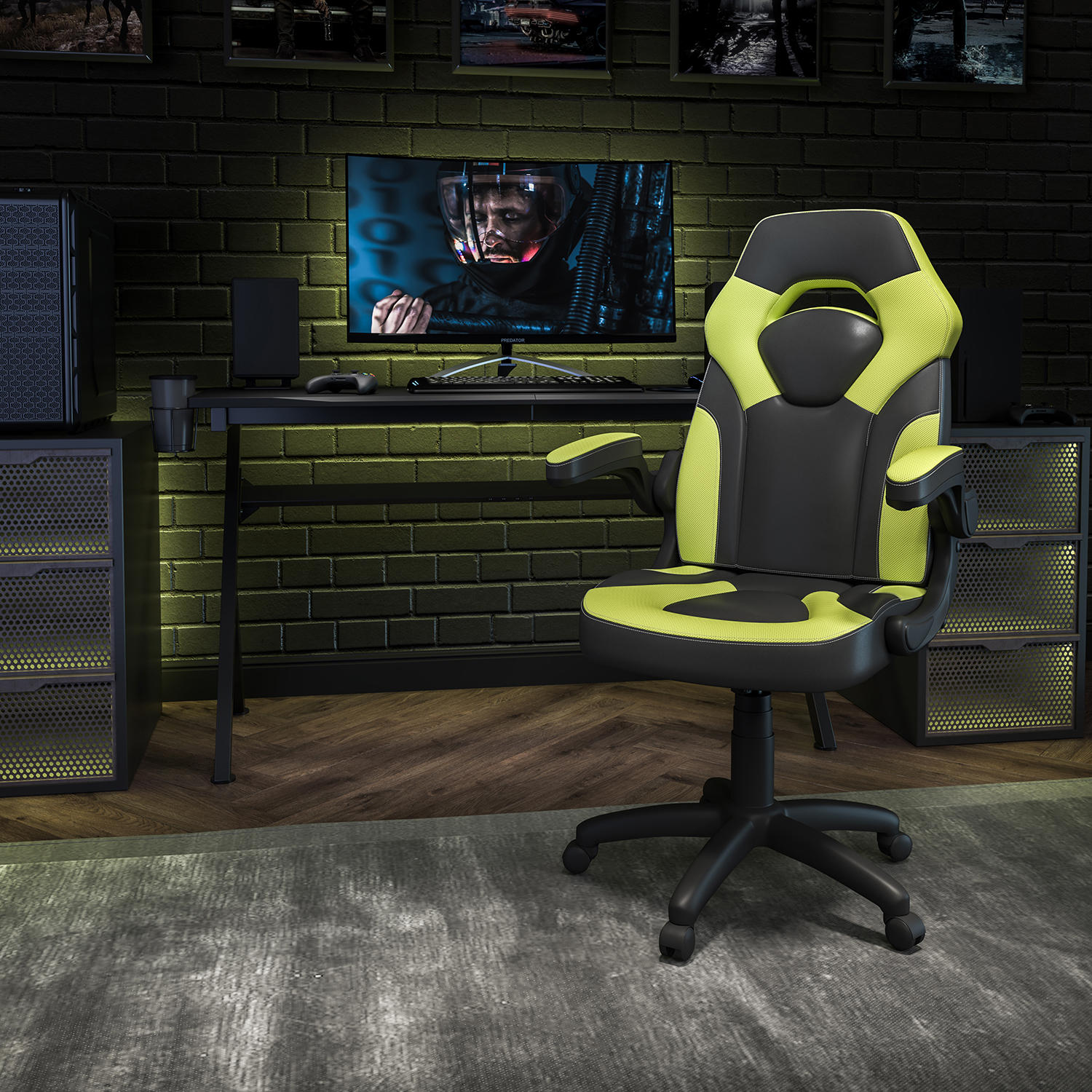 X10 Gaming Chair Racing Office Ergonomic Computer PC Adjustable Swivel Chair with Flip-up Arms, Neon Green/Black