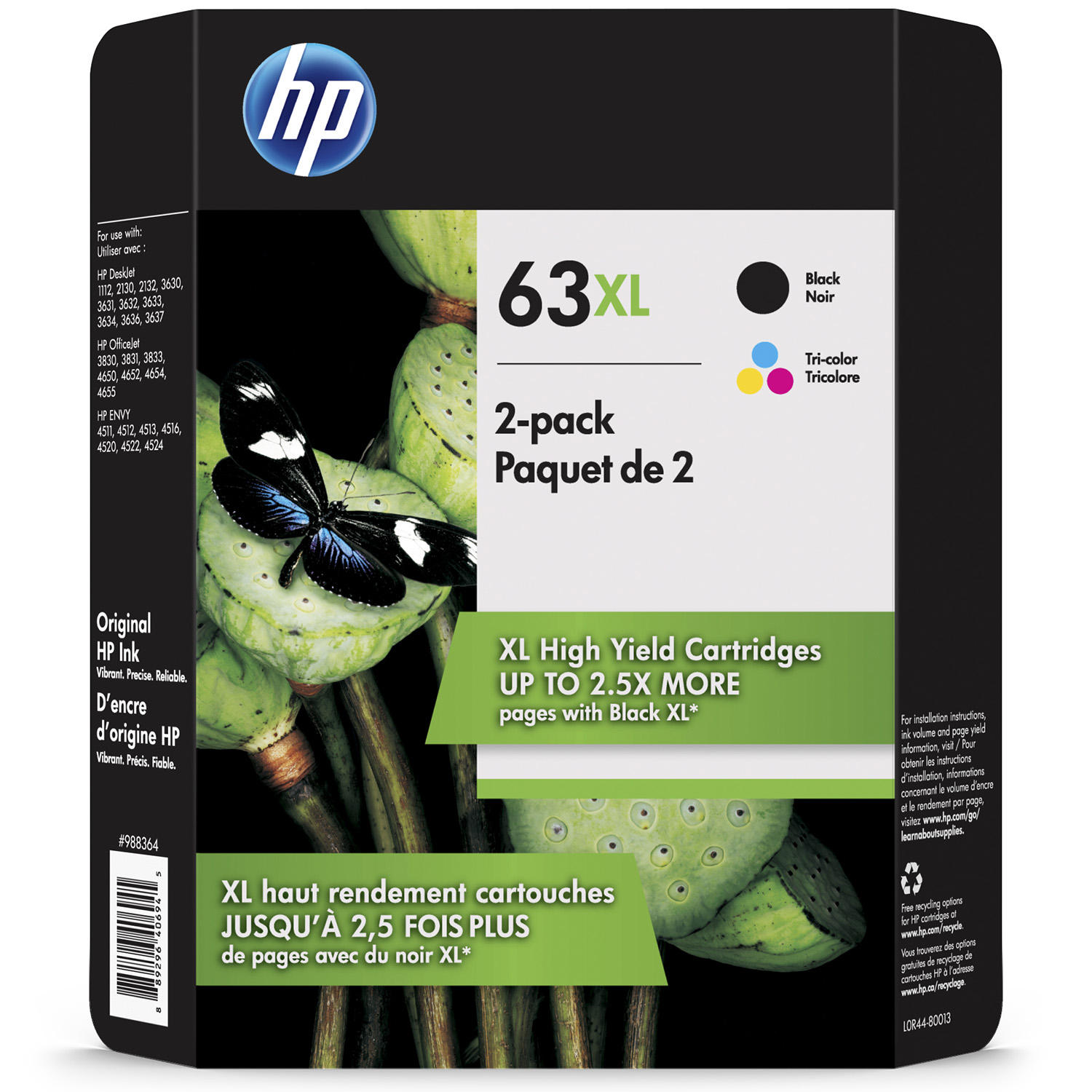 HP 63XL, (L0R44BN) 2-pack High-Yield Black/Tri-Color Original Ink Cartridges