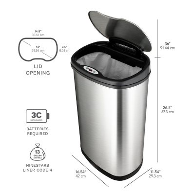 NINESTARS Automatic Touchless Infrared Motion Sensor Trash Can with  Stainless Steel Base & Oval, Silver/Black Lid, 21 Gal