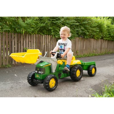 john deere kid tractor with front loader and trailer