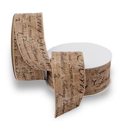 Premium Wired Linen Ribbon, Natural with Printed Black Script & Natural ...