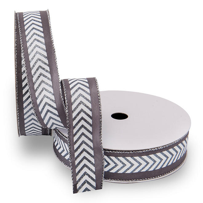Premium Wired Satin Ribbon, Gray and White Chevron with Pewter Edge - 2 pack (50 yds. each)