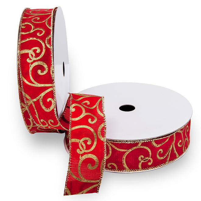 Premium Wired Satin Ribbon, Red Satin Ribbon and Printed, Gold Swirls with a Gold Edge - 2 pack (50 yds. each)