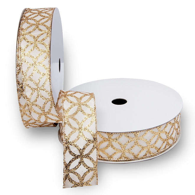 Premium Wired Satin Ribbon, Ivory Satin Ribbon with Gold, Glitter Medallions & Gold Edge - 2 pack (50 yds. each)