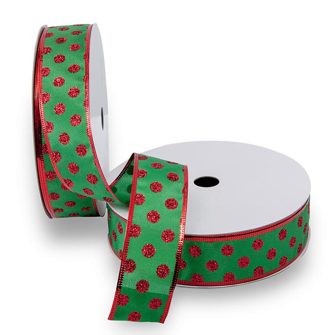 Premium Wired Satin Ribbon, Green Satin & Printed Red Dots with Red Edge - 2 pack (50 yds. each)