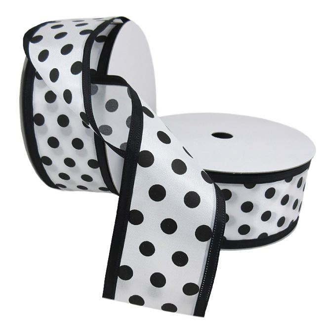 2 Pack Premium Satin with Wire Ribbon - Black Polka Dot with Black Edge (2.5” x 50 yds. each 100 yds. total)