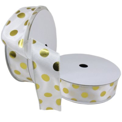 Golden Yellow and White Polka Dot Satin Ribbon - 1.5 - Satin