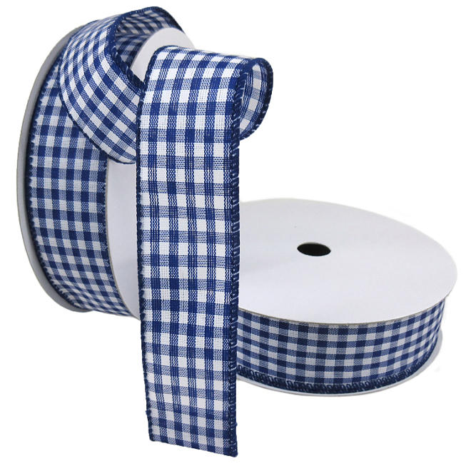 2 Pack Premium Woven with Wire Ribbon - Gingham Navy and White (1.5” x 50 yds. each 100 yds. total)
