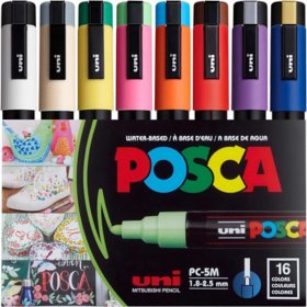 Uni POSCA PC-5M Water-Based Paint Markers, Medium Point (1.8-2.5mm), Assorted Colors, 16 Pack