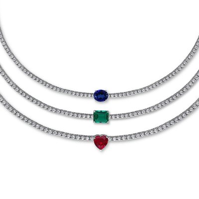 Created Ruby and White Sapphire Tennis Necklace in Sterling Silver:- Ruby