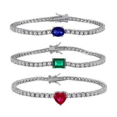 Created Gemstone and Created White Sapphire Tennis Bracelet in Sterling Silver - 7.25 in:- Ruby