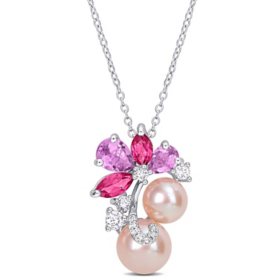7-9mm Round Freshwater Cultured Pearl & Gemstone Pendant Necklace in Sterling Silver