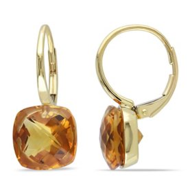 Cushion Checkerboard-Cut Madeira Citrine Leverback Earrings in 14K Yellow Gold
