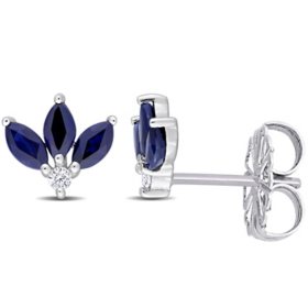 Marquise-Cut Sapphire and Diamond Accent Floral Stud Earrings in 14K White Gold