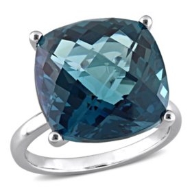 Cushion Checkerboard-Cut London Blue Topaz Cocktail Ring in 14K White Gold