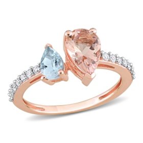 Pear-Cut Morganite and Aquamarine with 0.21 CT. T.W. Diamond Two-Stone Ring in 14K Rose Gold