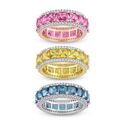 Square-Cut London Blue Topaz and 0.6 CT. T. W. Diamond Eternity Anniversary Ring in 14K White Gold, 9:- 9, London Blue