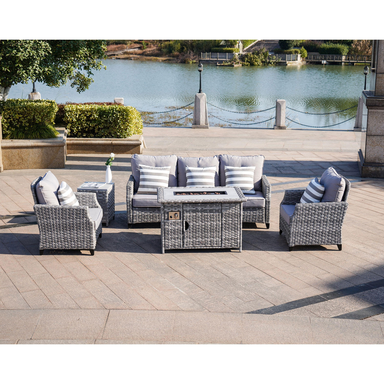 Moda Furnishings Grice 5-Piece Wicker Patio Conversation Set with Gas Fire Pit Table