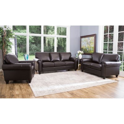 Maverick 3-Piece Top-Grain Leather Sofa Set, Brown