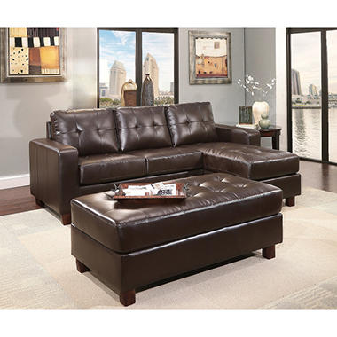 Claremont Leather Reversible Chaise Sectional Sofa + Ottoman