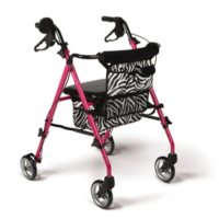 Medline Posh Pink Rollator Walker with Zebra Storage Bags and 6" Wheels