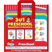Active Minds - Preschool Tote & Trace 3 Subject Write-and-Erase Wipe Clean Set and 192 Page Question and Answer Workbook - Language Arts, Math, Science, and More.
