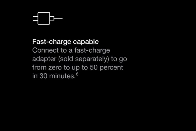 Fast charge capable. Go from zero to up to 50 percent in 30 minutes with a fast-charge adapter to. Adapter sold separately.