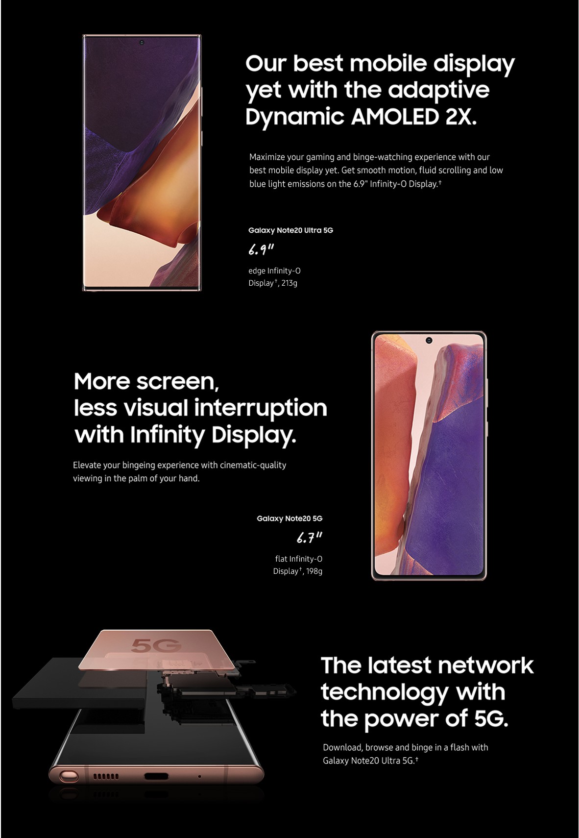 Our best mobile display.  More screen, less visual interruption.  The latest network technology with the power of 5G.