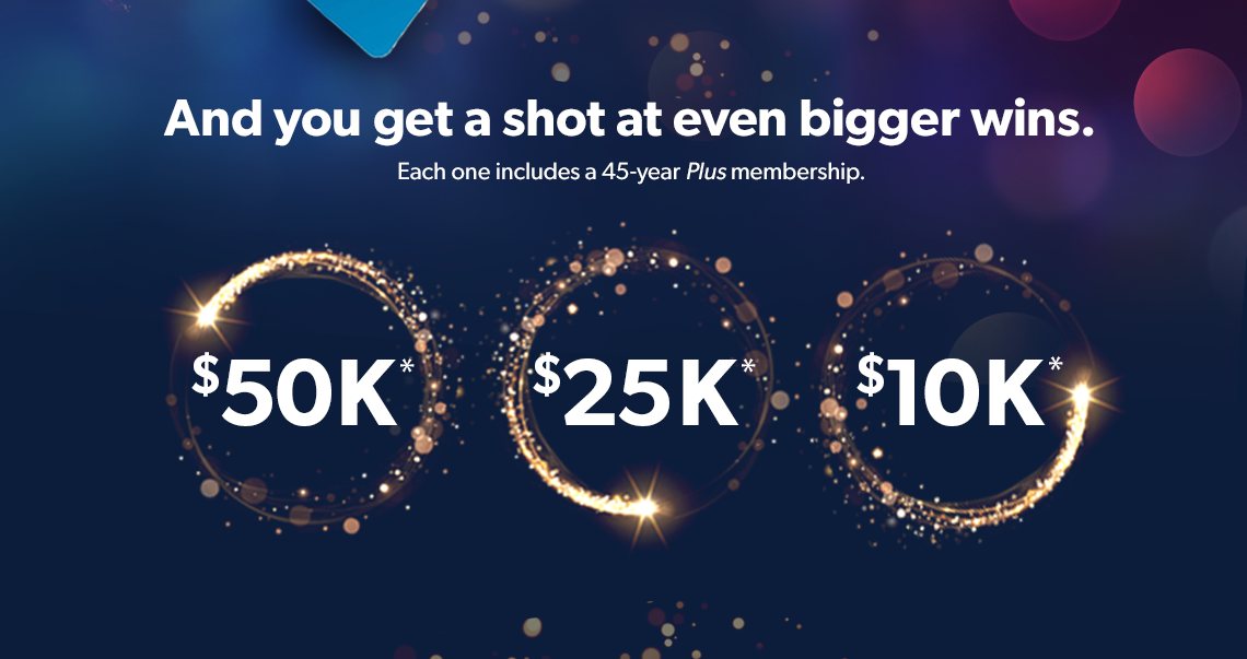 With Scan and Go Sweeps, you get a shot at 50 thousand, 25 thousand or 10 thousand dollars, plus a 45-vear Plus membership.