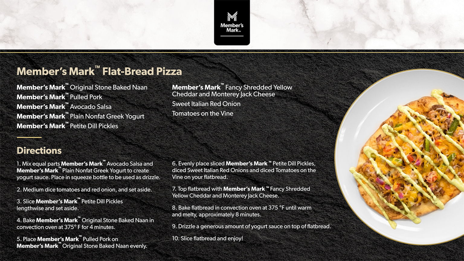 Ingredients and recipe for Member’s Mark Flatbread Pizza.