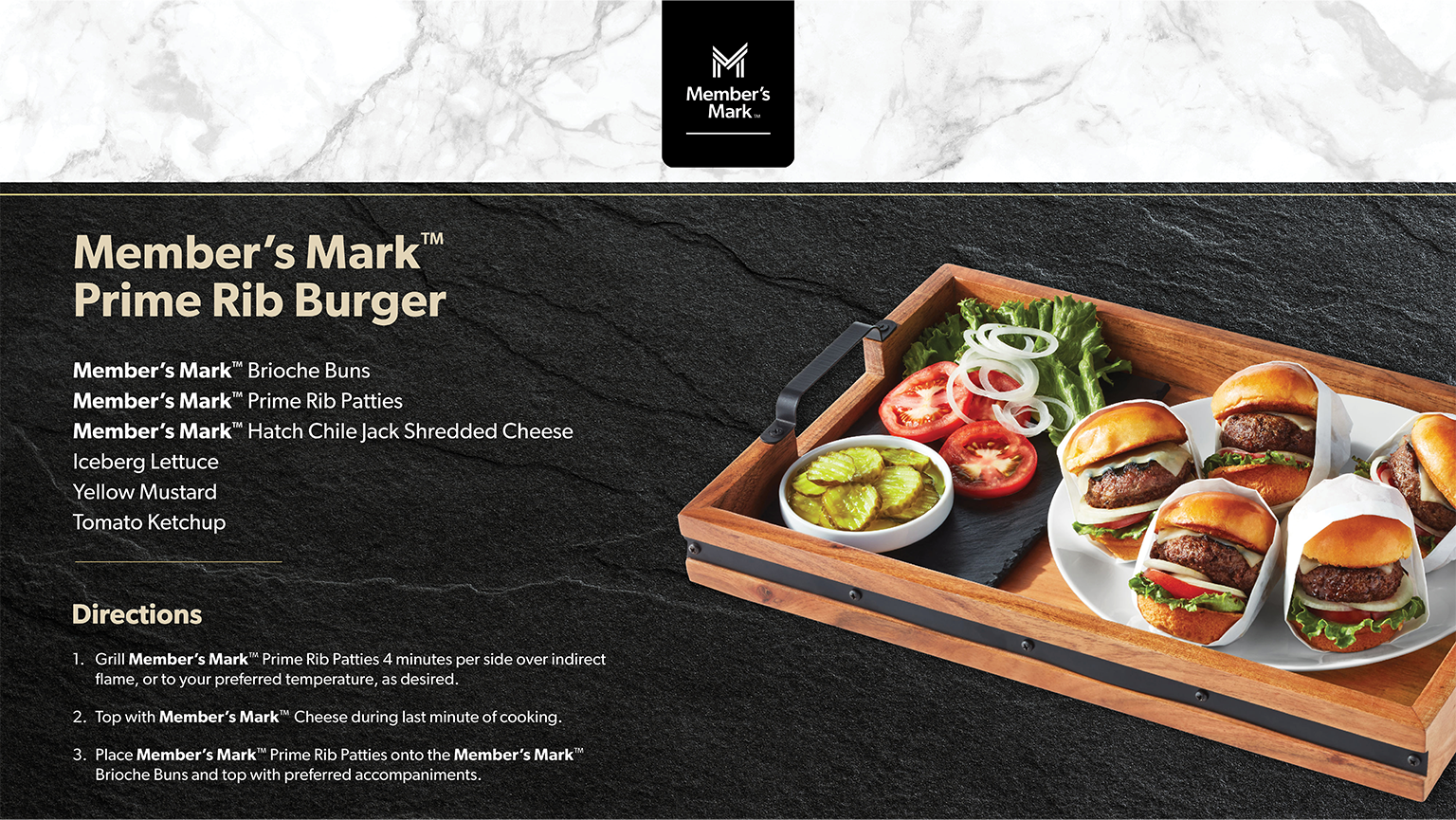 Ingredients and recipe for Member's Mark Prime Rib Burger.