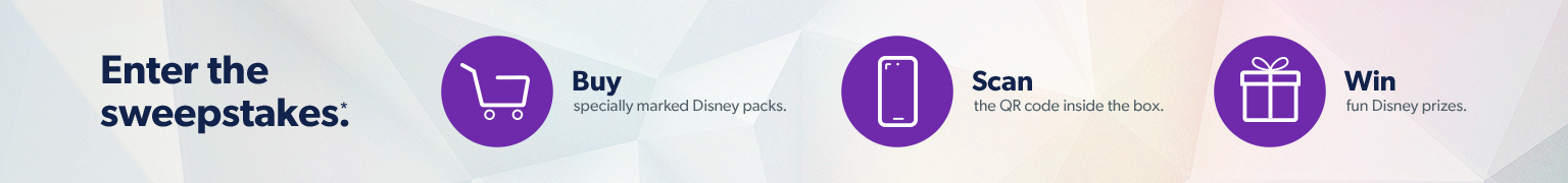Enter the sweepstakes when you buy specially marked Disney packs and scan the QR code inside the box.
                