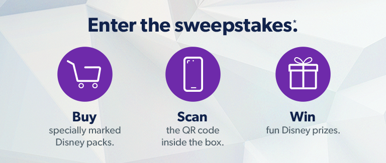 Enter the sweepstakes when you buy specially marked Disney packs and scan the QR code inside the box.
                