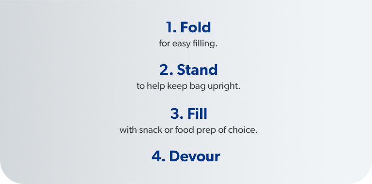 Step 1. Fold for easy filling. Step 2. Stand to help keep bag upright. Step 3. Fill bag with snack or food prep of choice. Step 4. Devour.