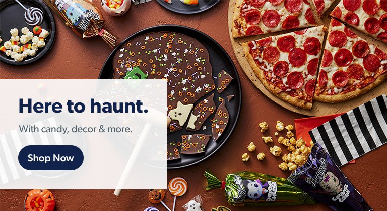 Here to haunt. With costumes, extra-large bags of candy & decorations.