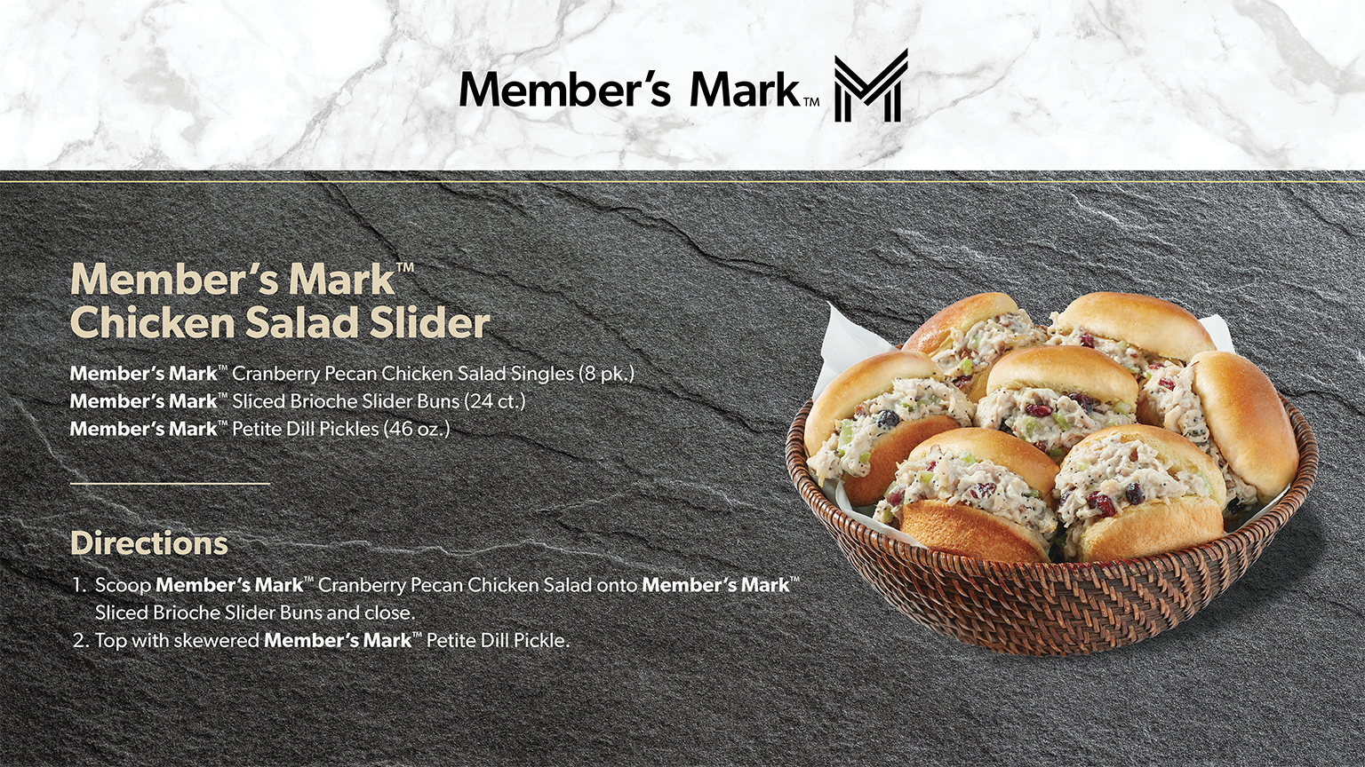 Ingredients and recipe for Member’s Mark Chicken Salad Slider.