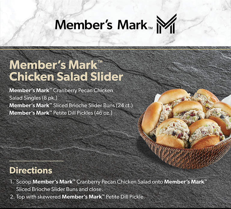 Ingredients and recipe for Member’s Mark Chicken Salad Slider.