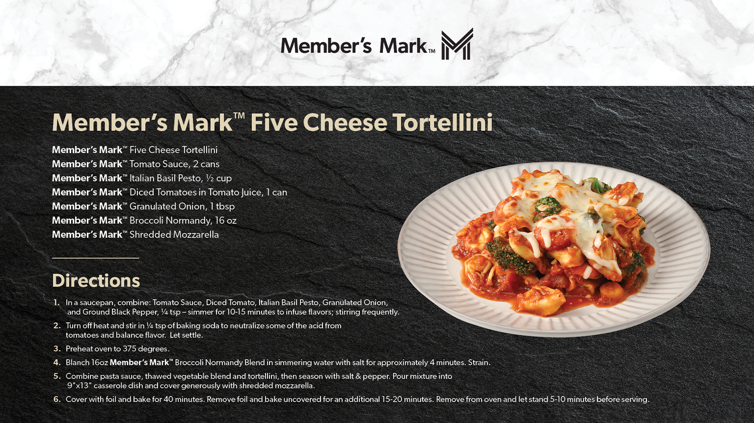 Ingredients and recipe for Member’s Mark Five Cheese Tortellini.
