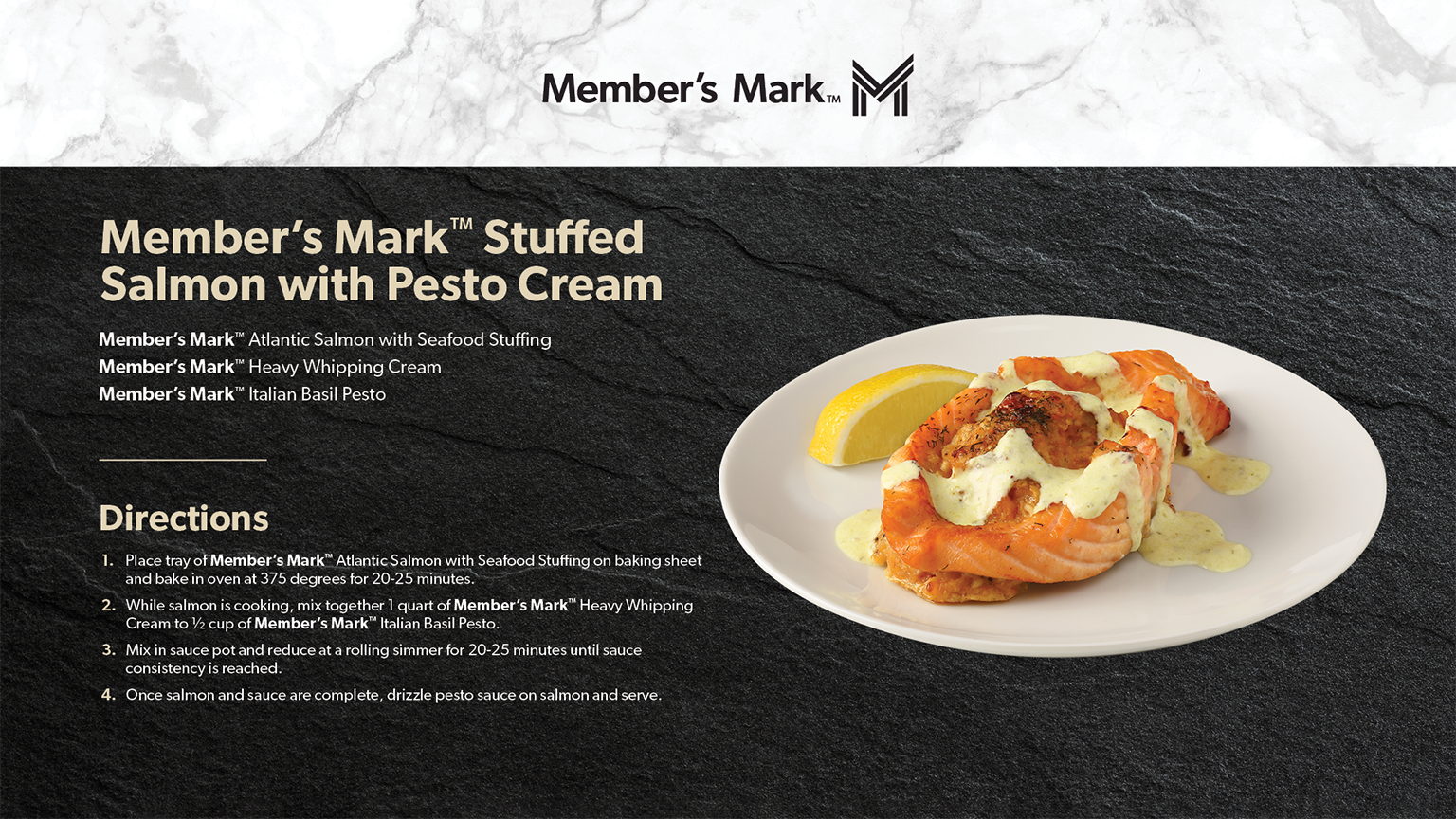 Ingredients and recipe for Member’s Mark Stuffed Salmon with Pesto Cream.