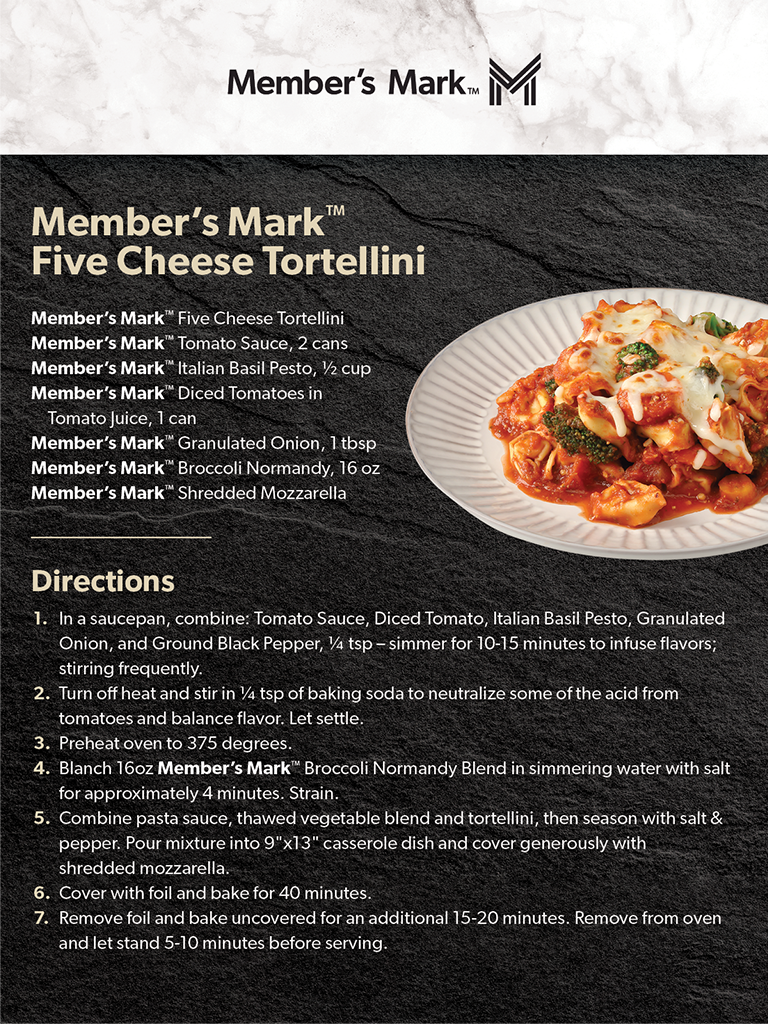 Ingredients and recipe for Member’s Mark Five Cheese Tortellini.