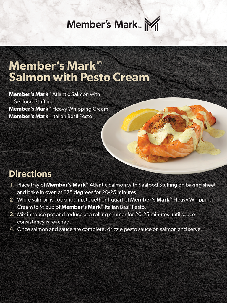Ingredients and recipe for Member’s Mark Stuffed Salmon with Pesto Cream.