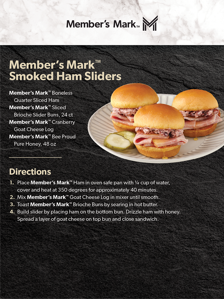Ingredients and recipe for Member’s Mark Smoked Ham Sliders.
