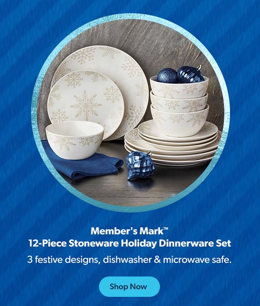 Member’s Mark Twelve Piece Stoneware Holiday Dinnerware Set features three festive designs. Shop now.