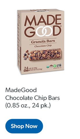 MadeGood Chocolate Chip Bars, zero point eight five ounces each, twenty four count.