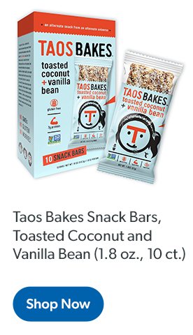Taos Bakes Snack Bars, Toasted Coconut and Vanilla Bean, one point eight ounce each, ten count.