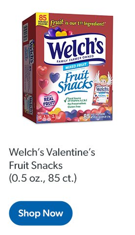 Welch’s Valentine’s Fruit Snacks zero point five ounces each, eighty five count.
