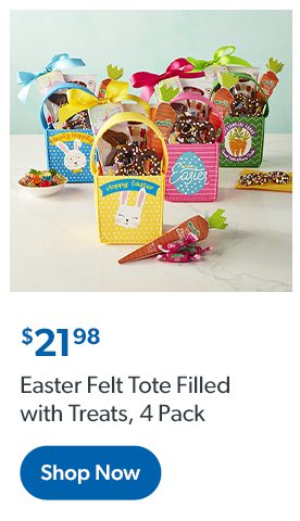 Easter Felt Tote Filled with Treats, four Pack. Twenty one dollars and ninety eight cents. Shop now.