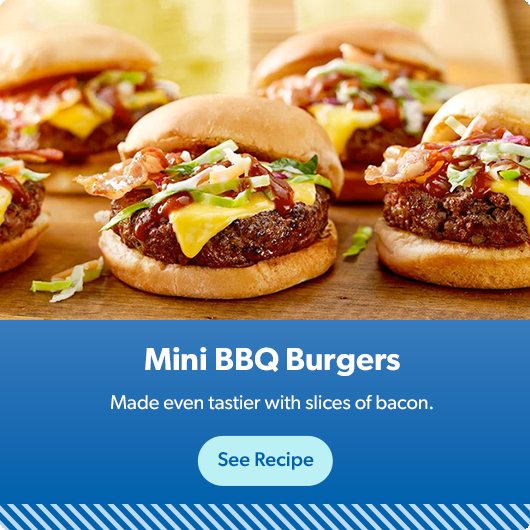 Mini Barbecue Burgers are made even tastier with slices of bacon. See recipe.