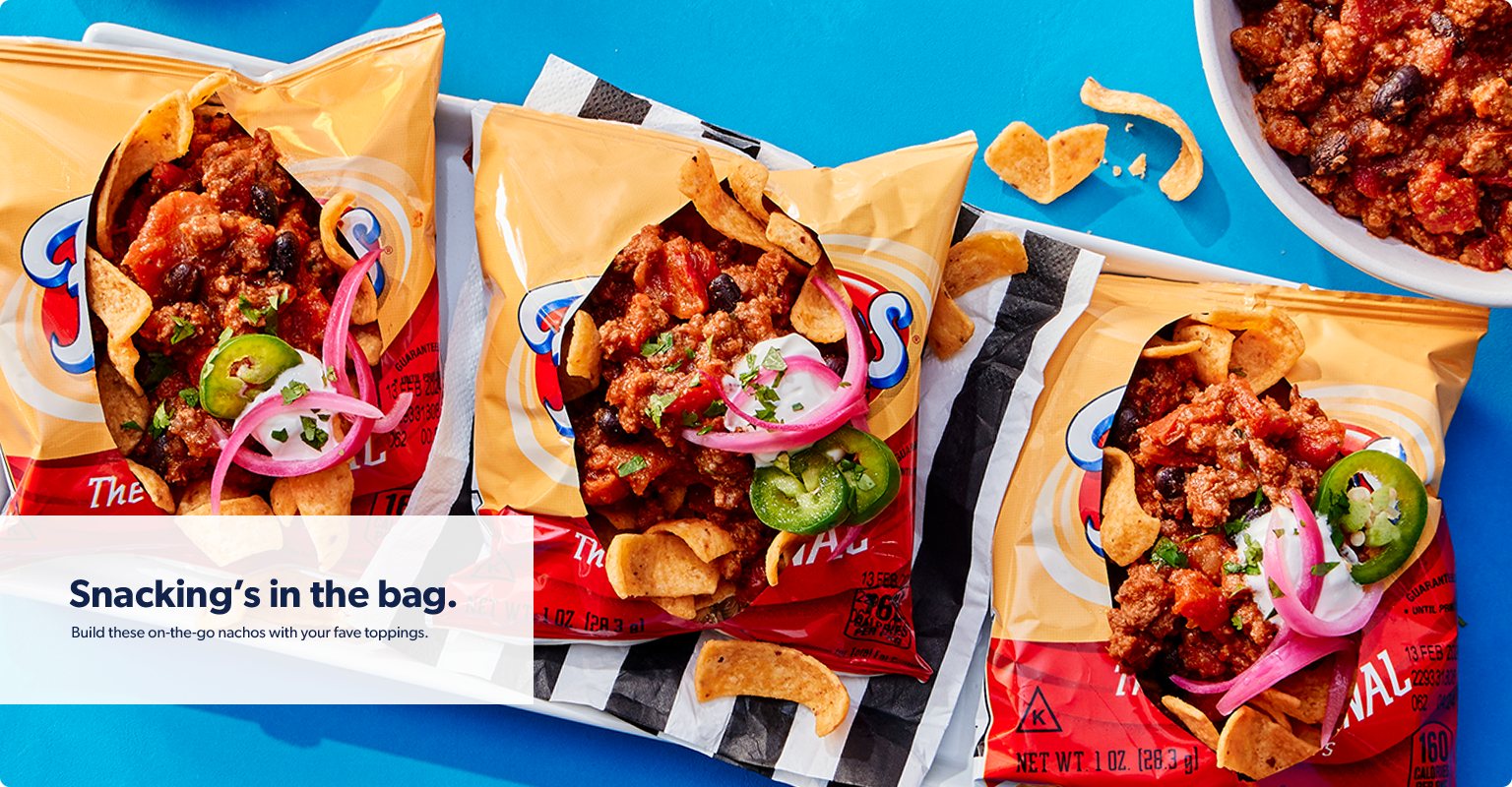 Snacking’s in the bag when you build on the go nachos with your favorite toppings.