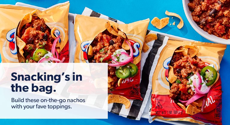 Snacking’s in the bag when you build on the go nachos with your favorite toppings.